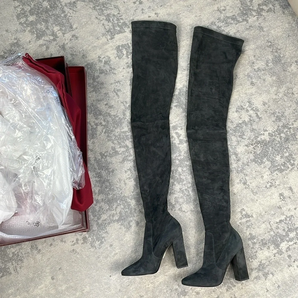 NIB Tamara Mellon Helmut Over The Knee Stretch Suede Boots Dark Grey Gray 39.5